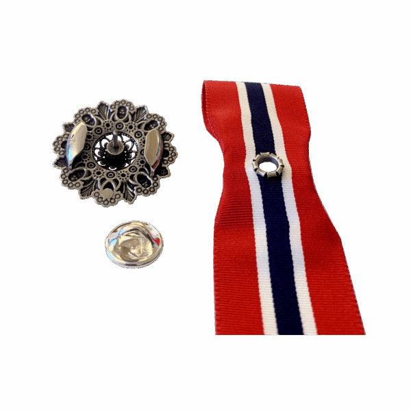 17.mai-sløyfepin 2i1 med raud stein, forgylt